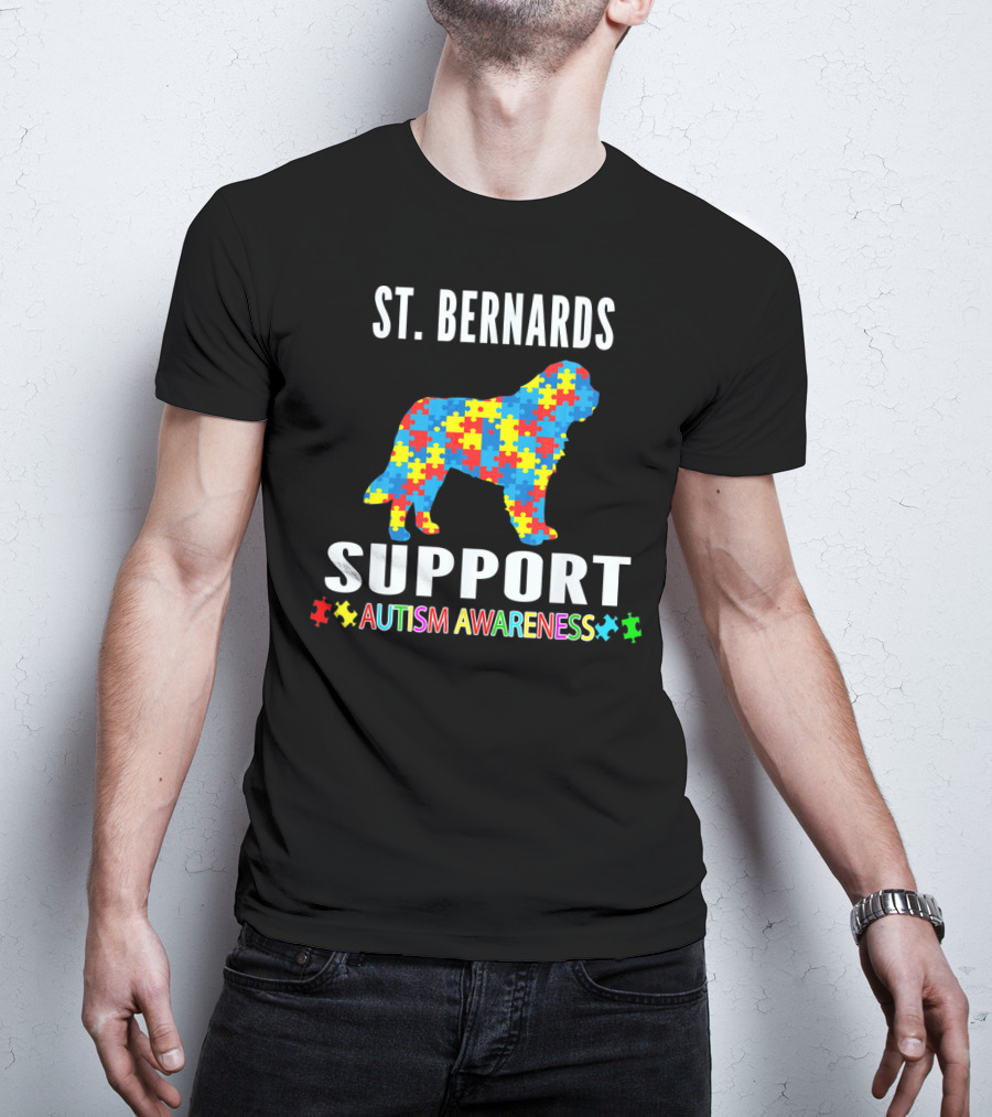 St. Bernards Support Autism Awareness Puzzle Piece Dog T-Shirt