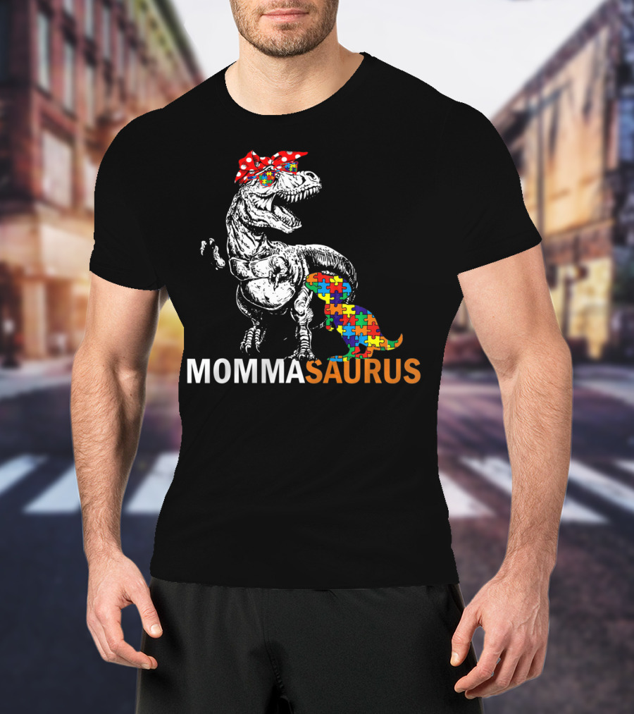 Momma Saurus Dinosaur With Autism Puzzle T-Shirt