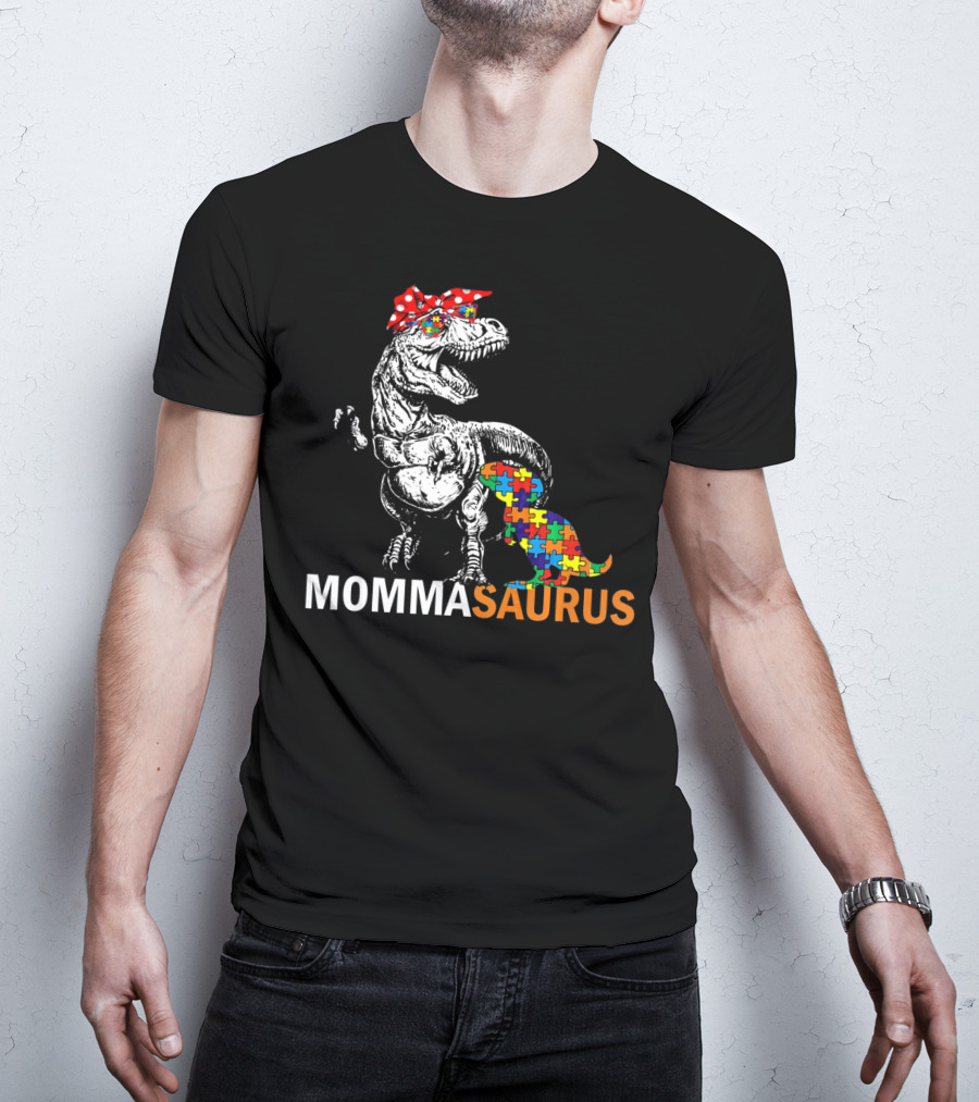 Momma Saurus Dinosaur With Autism Puzzle T-Shirt