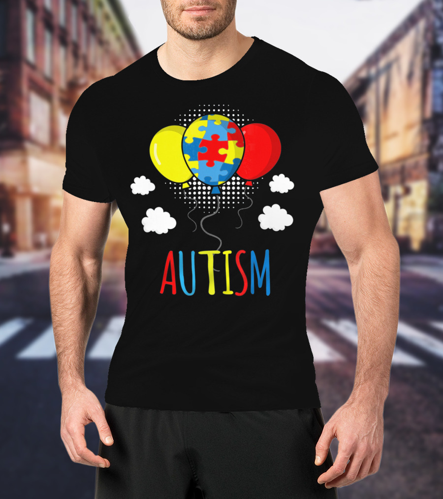 Autism Awareness Puzzle Piece Balloons With Colorful Clouds T-Shirt