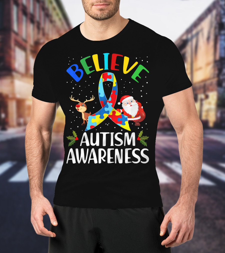 Believe Autism Awareness Santa Reindeer Puzzle Christmas T-Shirt