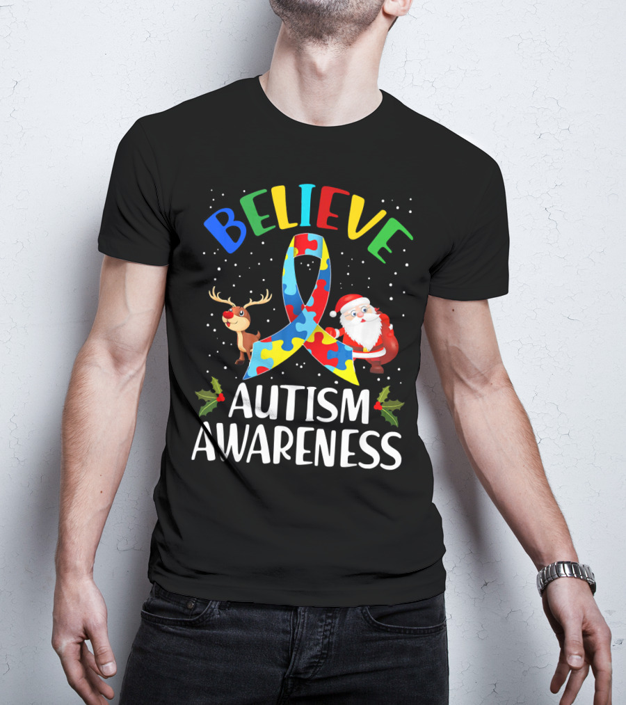 Believe Autism Awareness Santa Reindeer Puzzle Christmas T-Shirt