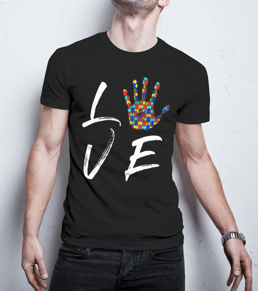Love Autism Awareness Puzzle Hand T-Shirt