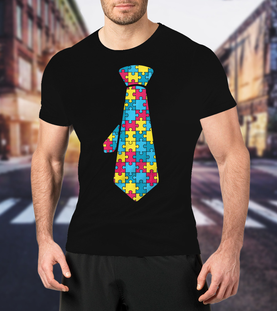 Autism Awareness Puzzle Pattern Tie T-Shirt