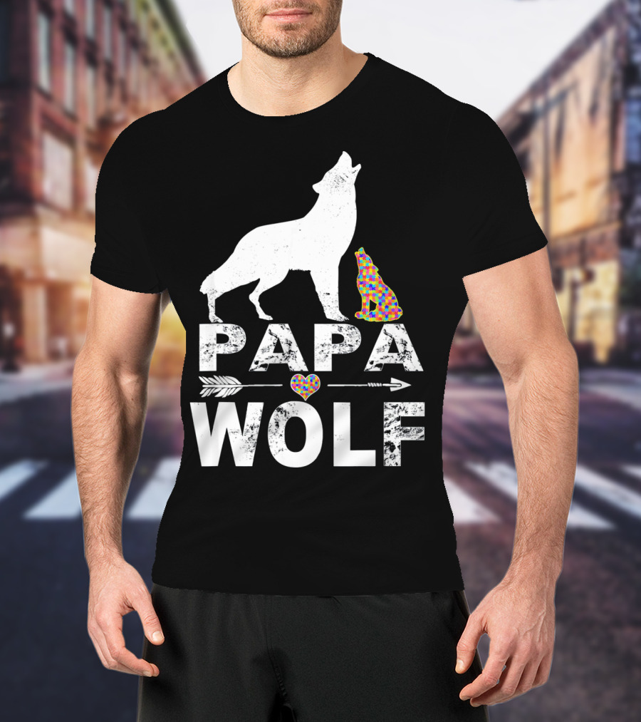 Papa Wolf Autism Awareness Puzzle Heart And Howling Pups T-Shirt