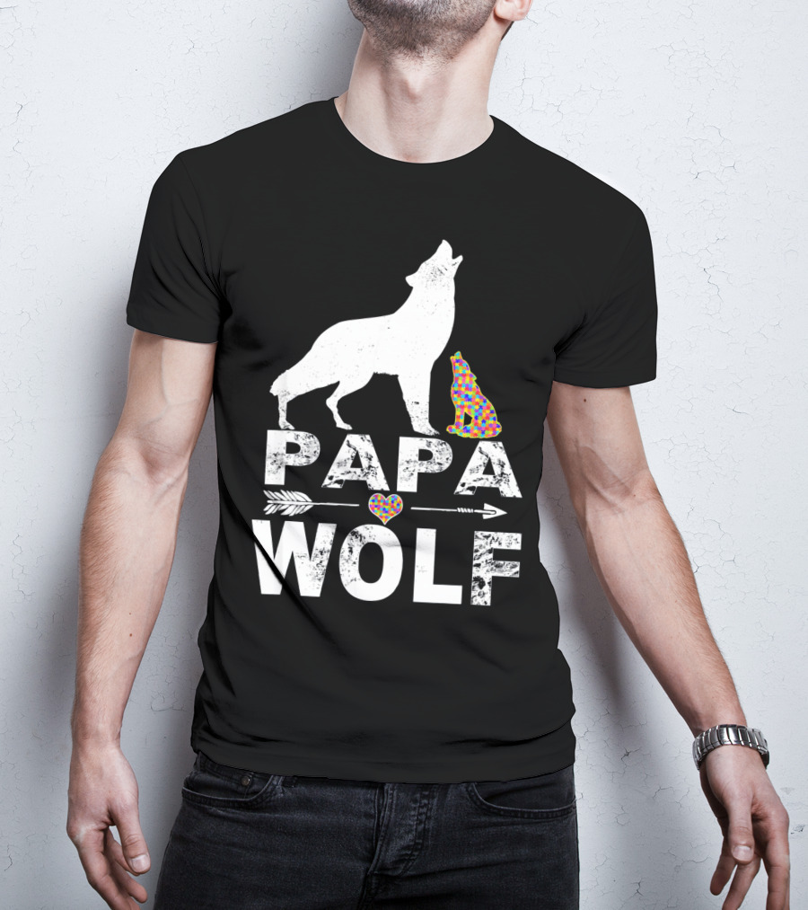 Papa Wolf Autism Awareness Puzzle Heart And Howling Pups T-Shirt