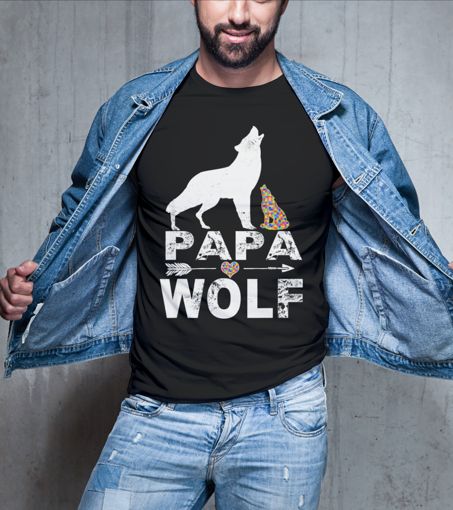 Papa Wolf Autism Awareness Puzzle Heart And Howling Pups T-Shirt