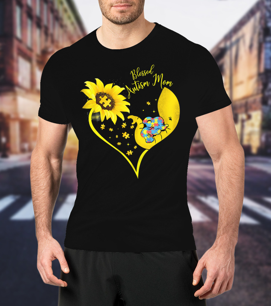 Blessed Autism Mom Sunflower Elephant Puzzle Heart T-Shirt