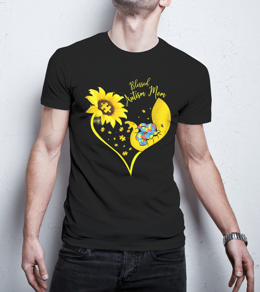 Blessed Autism Mom Sunflower Elephant Puzzle Heart T-Shirt