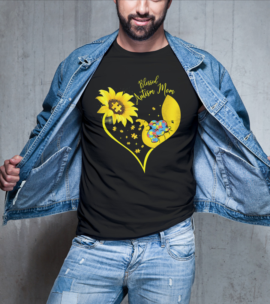 Blessed Autism Mom Sunflower Elephant Puzzle Heart T-Shirt
