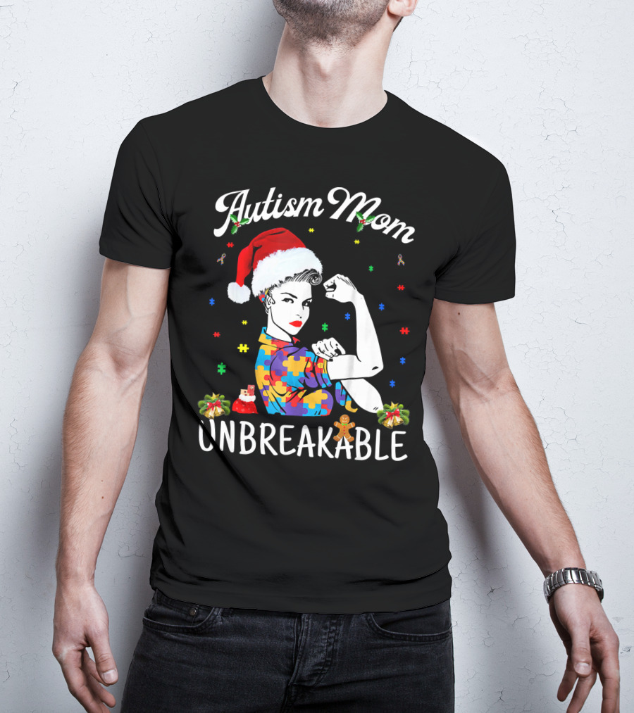 Autism Mom Unbreakable Santa Christmas Pride Puzzle Pieces T-Shirt