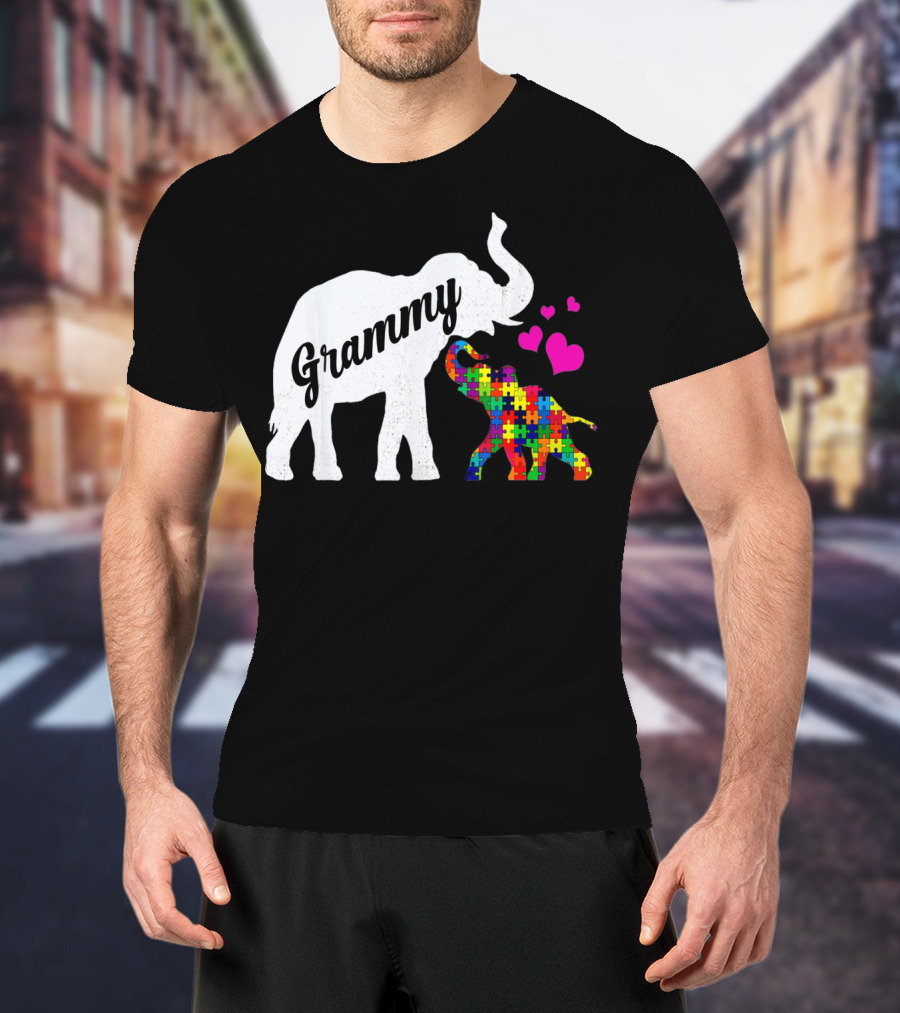 Grammy Elephant With Colorful Puzzle Piece Baby And Hearts For Autism Awareness T-Shirt