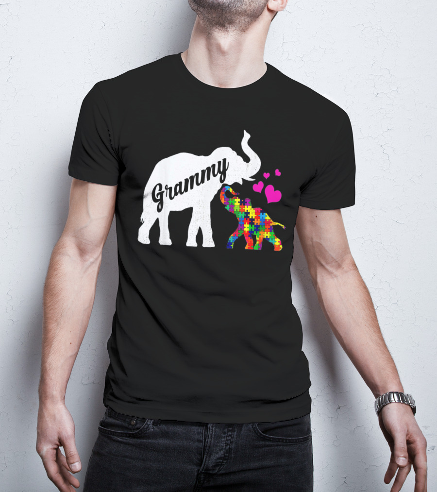 Grammy Elephant With Colorful Puzzle Piece Baby And Hearts For Autism Awareness T-Shirt