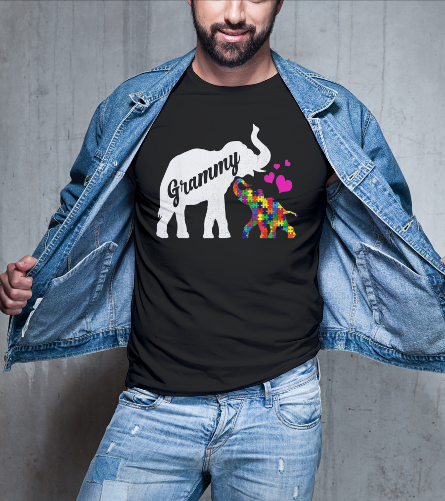 Grammy Elephant With Colorful Puzzle Piece Baby And Hearts For Autism Awareness T-Shirt