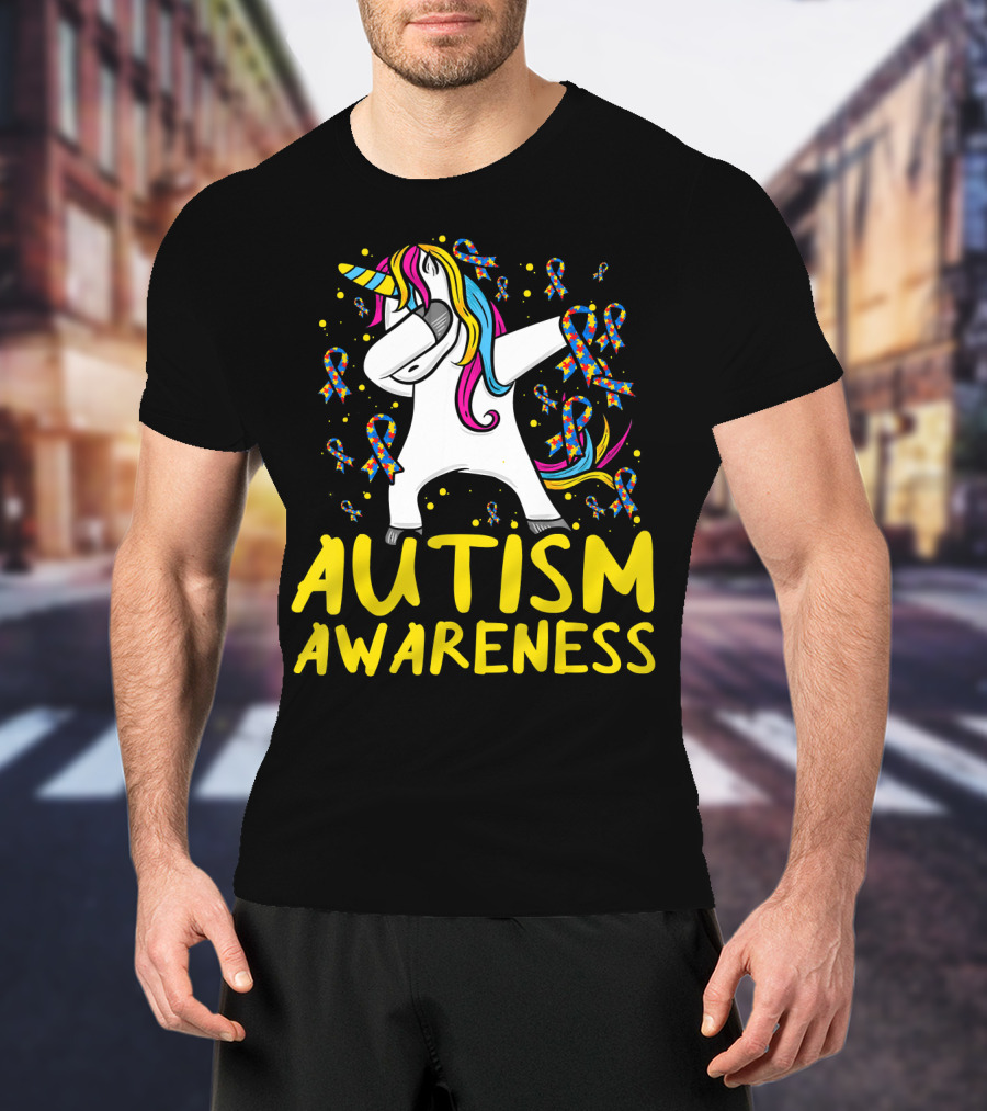 Dabbing Unicorn Puzzle Ribbon Autism Awareness T-Shirt