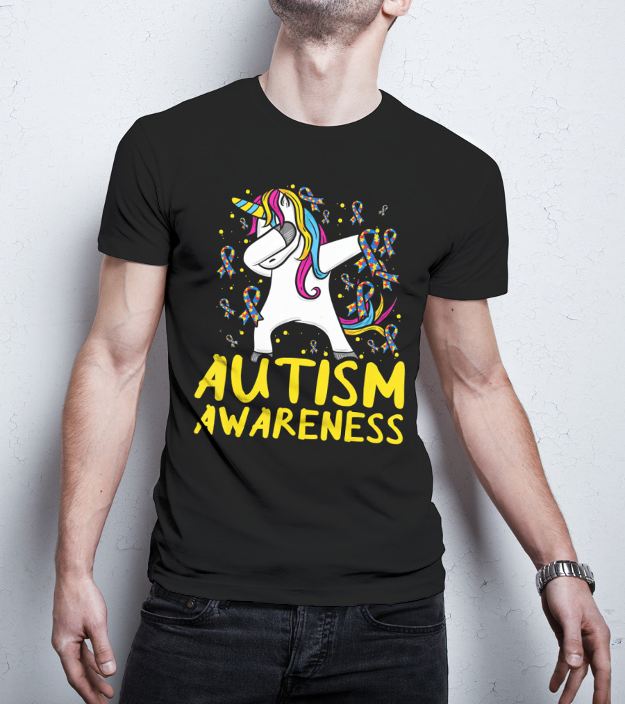 Dabbing Unicorn Puzzle Ribbon Autism Awareness T-Shirt