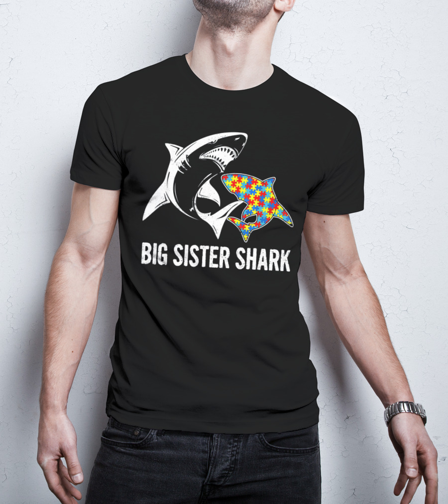 Big Sister Shark Autism Puzzle Piece Awareness T-Shirt