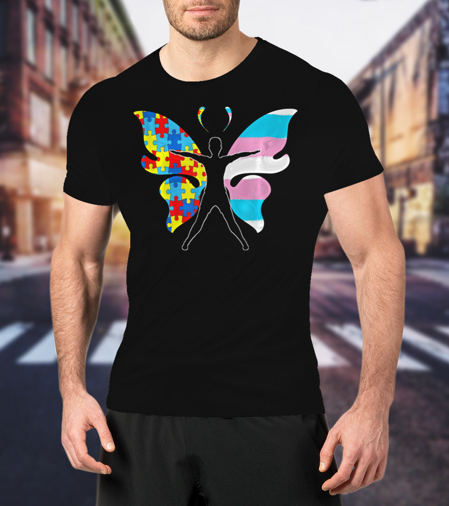 Autism Awareness Puzzle Butterfly With Transgender Flag Wings T-Shirt