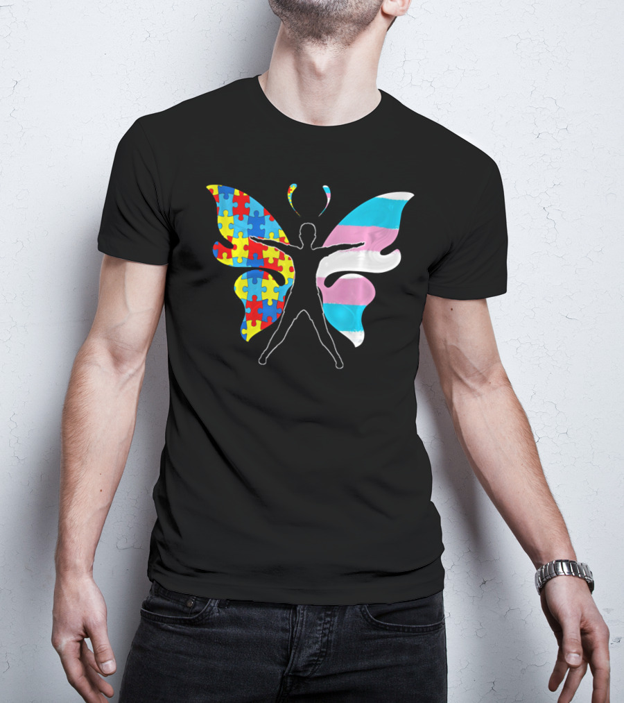 Autism Awareness Puzzle Butterfly With Transgender Flag Wings T-Shirt