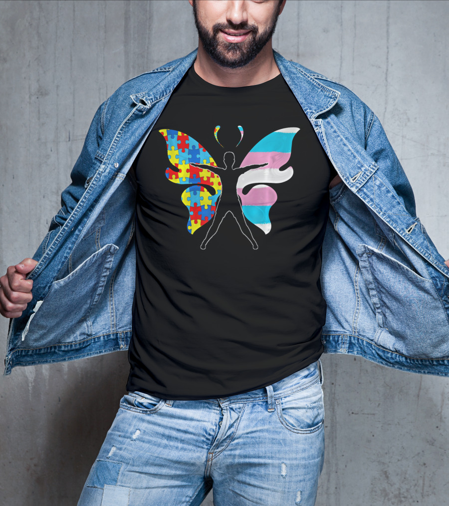 Autism Awareness Puzzle Butterfly With Transgender Flag Wings T-Shirt