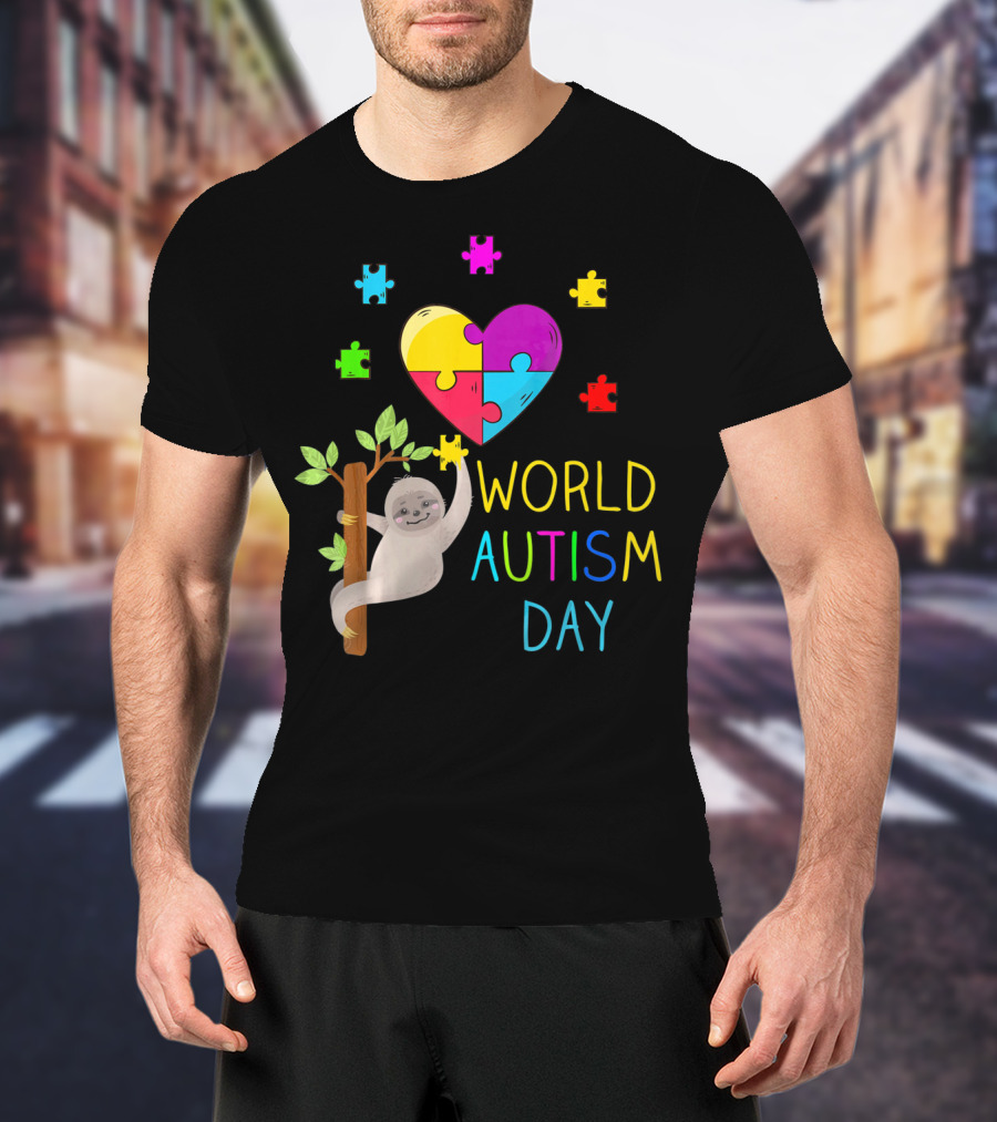 World Autism Day Sloth Heart Puzzle Pieces T-Shirt