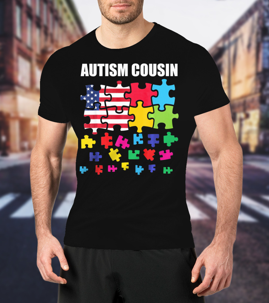 Autism Cousin Puzzle Pieces USA Flag Autism Awareness T-Shirt