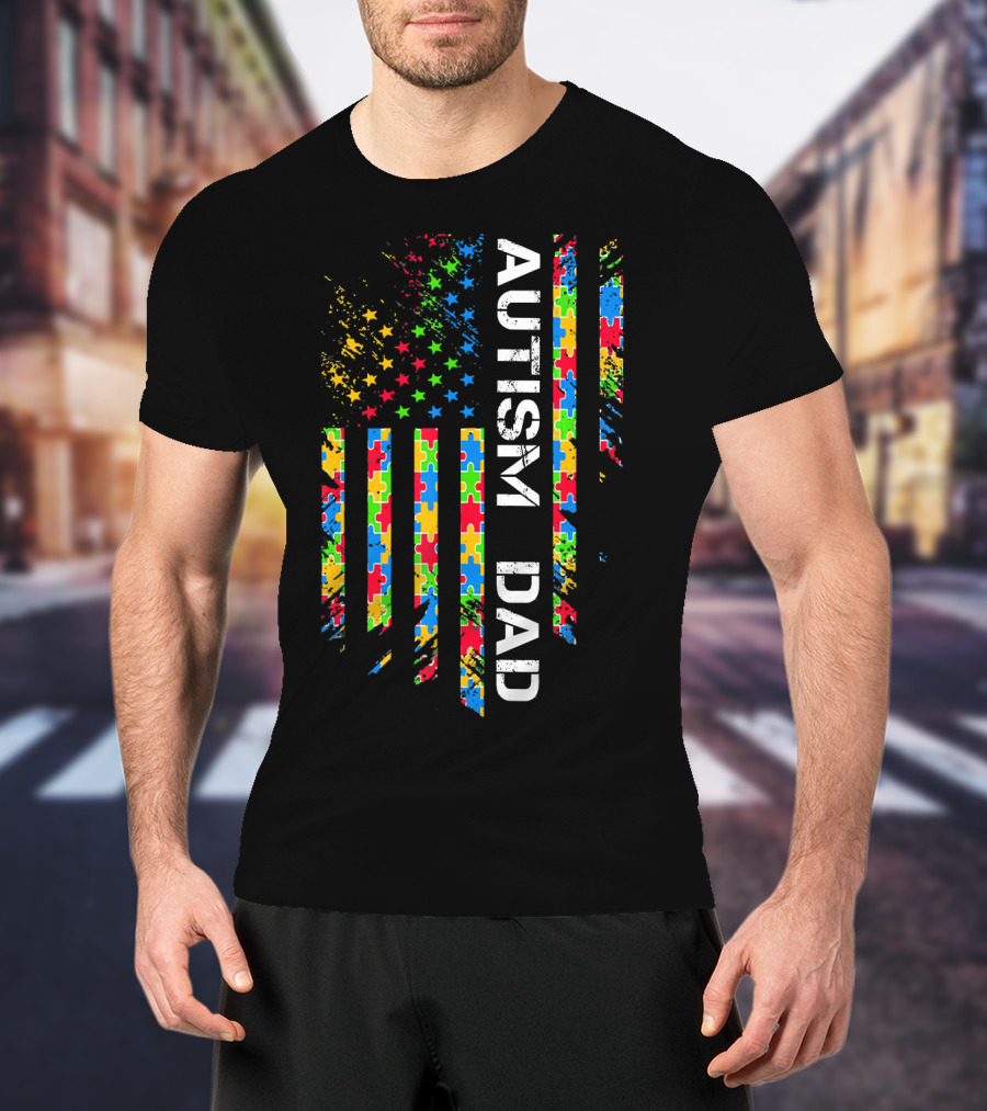 Autism Dad Puzzle Piece Flag USA Awareness T-Shirt