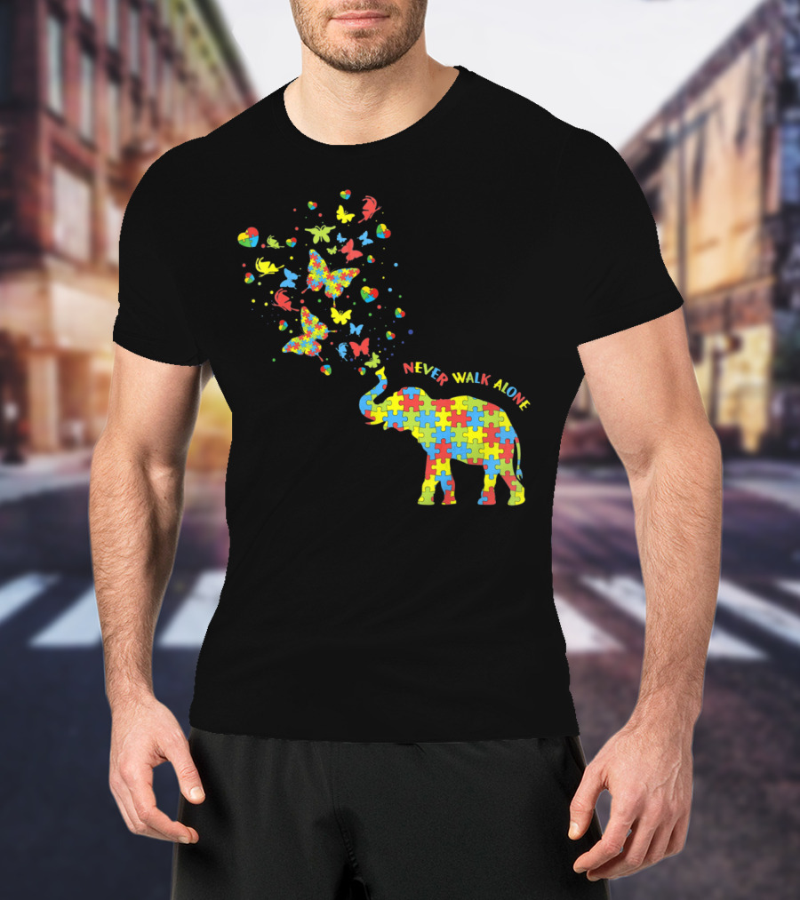 Elephants And Butterflies Autism Awareness Never Walk Alone T-Shirt