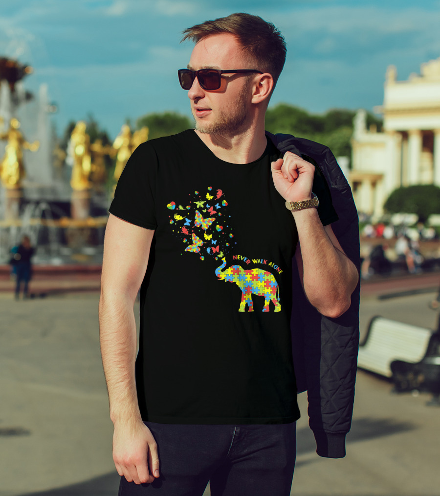 Elephants And Butterflies Autism Awareness Never Walk Alone T-Shirt