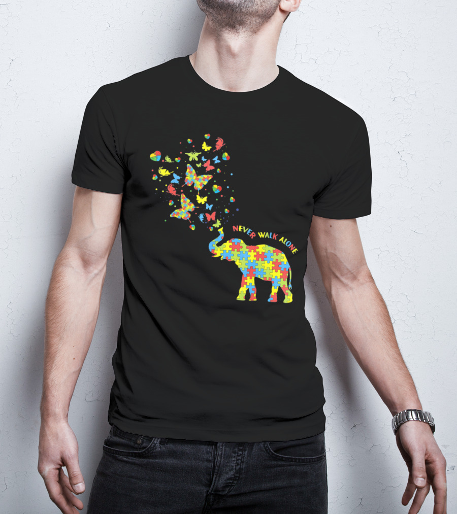 Elephants And Butterflies Autism Awareness Never Walk Alone T-Shirt