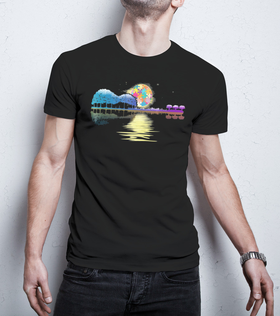 Guitar Lake Shadow Autism Puzzle Moon Reflection T-Shirt