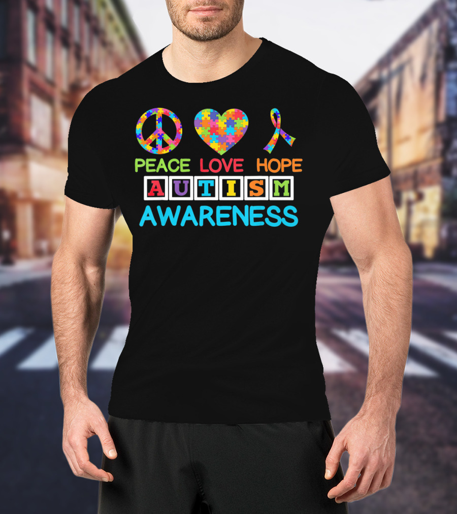 Autism Awareness Peace Love Hope Puzzle Ribbon Puzzle T-Shirt