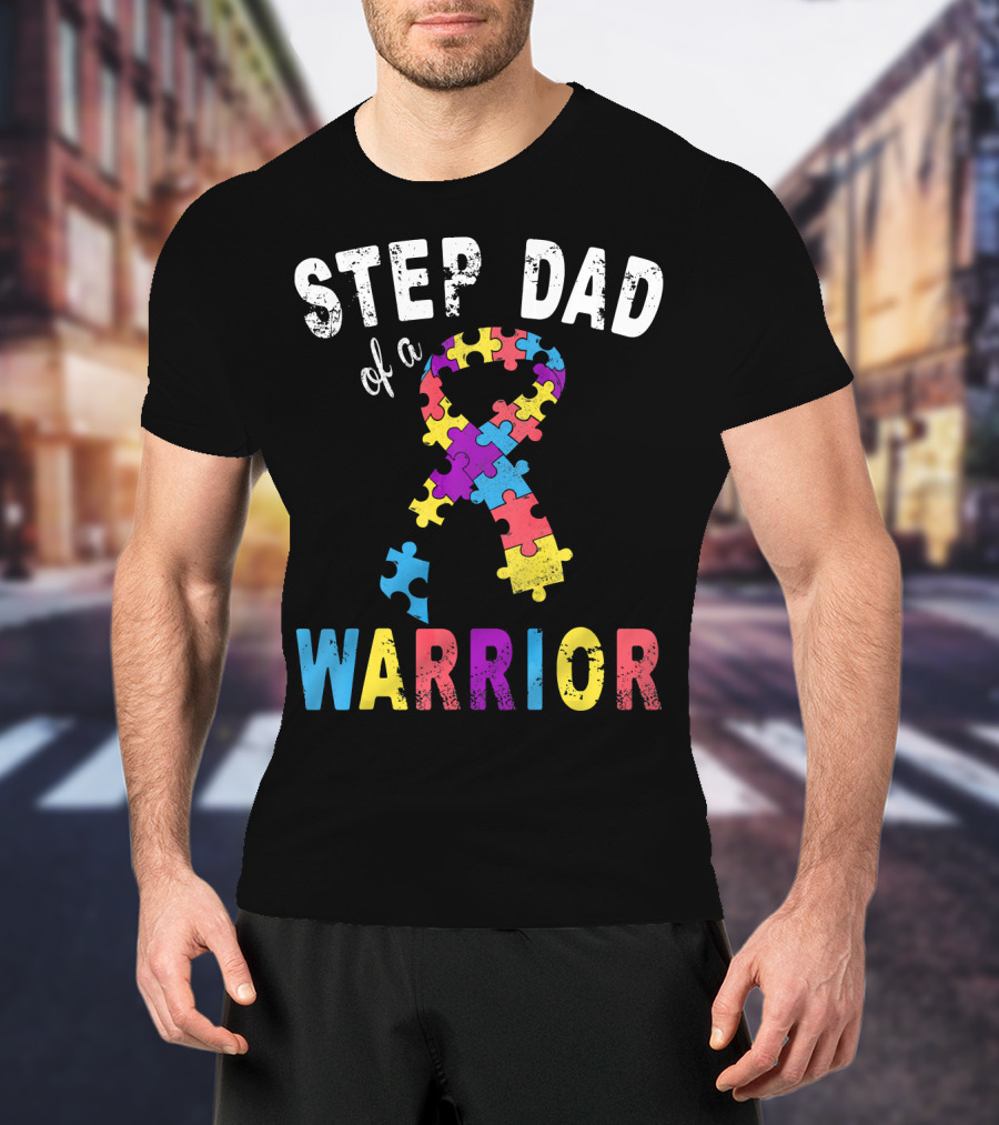 Step Dad Of A Warrior Autism Awareness Puzzle T-Shirt