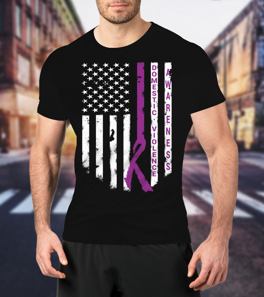 Domestic Violence Awareness Purple Ribbon American Flag T-Shirt