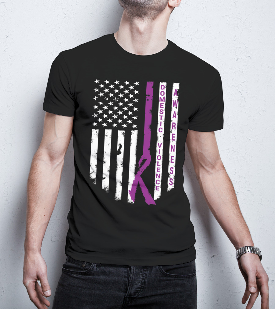 Domestic Violence Awareness Purple Ribbon American Flag T-Shirt