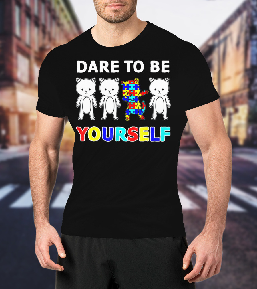 Dare To Be Yourself Cat Dabbing Autism Puzzle T-Shirt