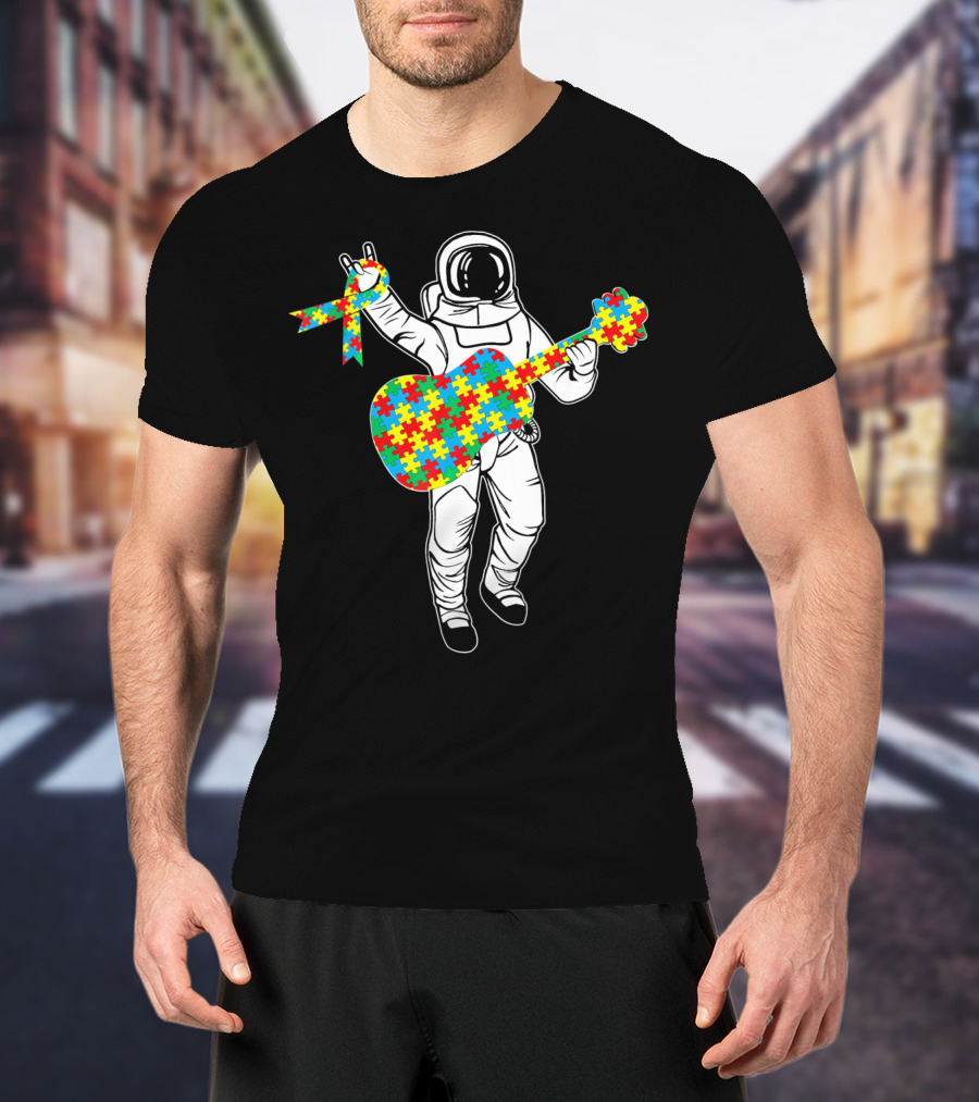 Astronaut Playing Guitar Autism Awareness Puzzle Ribbon Space T-Shirt