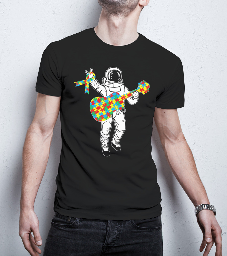 Astronaut Playing Guitar Autism Awareness Puzzle Ribbon Space T-Shirt