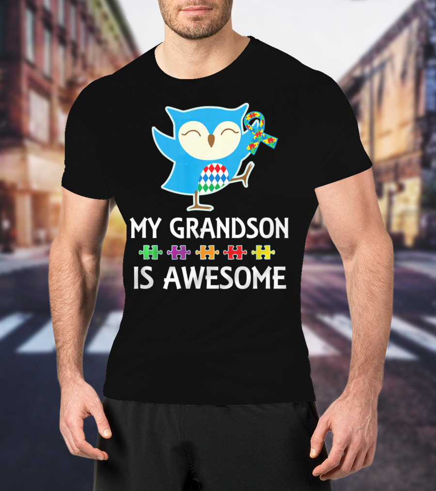 Autism Awareness My Grandson Is Awesome Owl Puzzle T-Shirt
