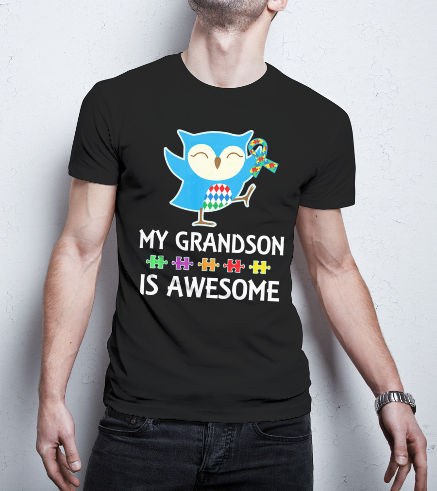 Autism Awareness My Grandson Is Awesome Owl Puzzle T-Shirt