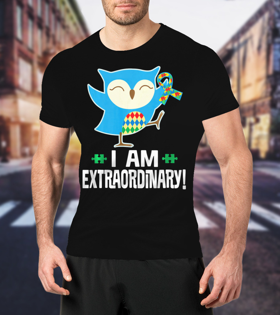 I Am Extraordinary Autism Awareness Autistic Spectrum Disor Puzzle Ribbon Owl T-Shirt