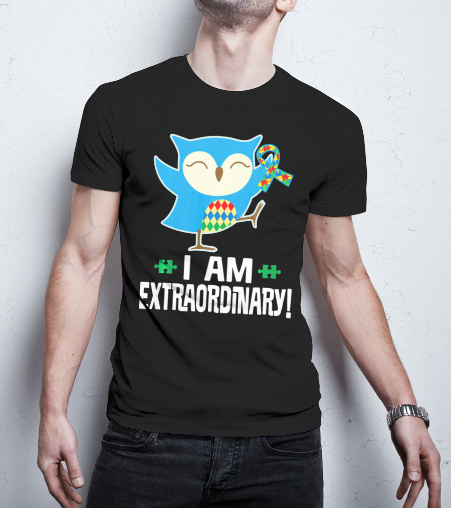 I Am Extraordinary Autism Awareness Autistic Spectrum Disor Puzzle Ribbon Owl T-Shirt