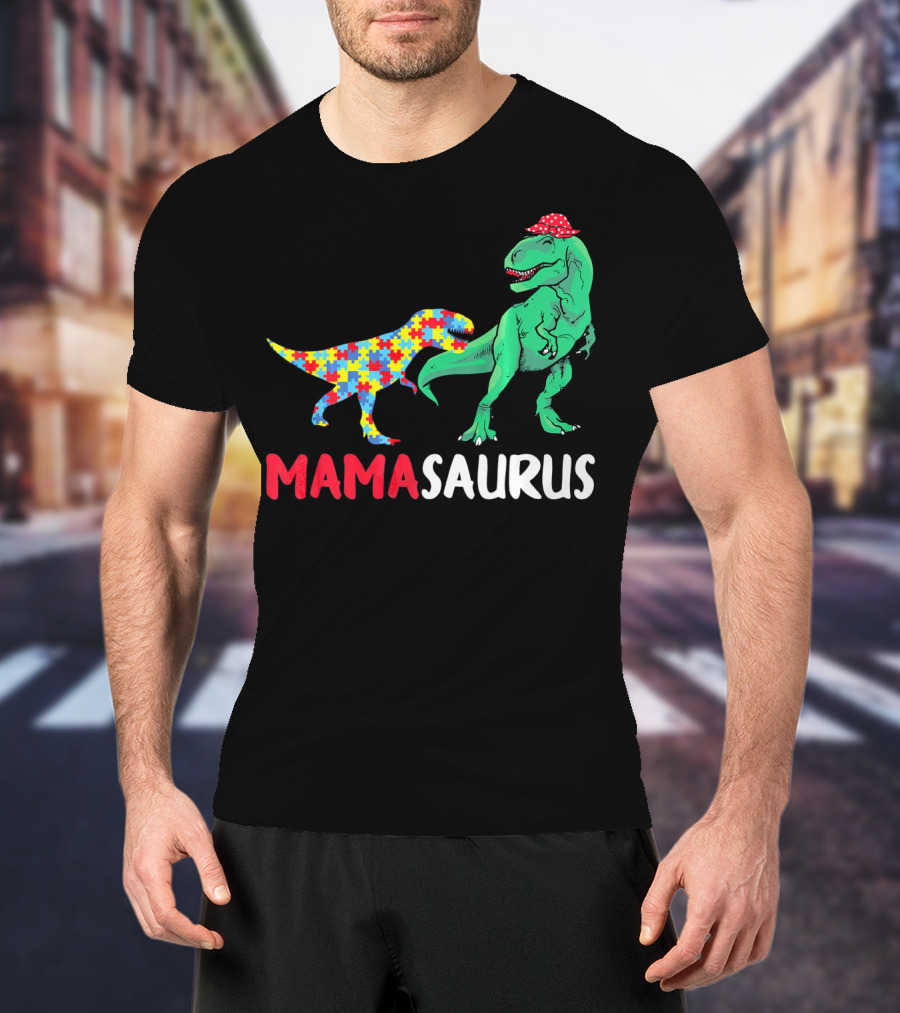 Mamasaurus Mama Dinosaur Puzzle Pattern Autism Awareness T-Shirt