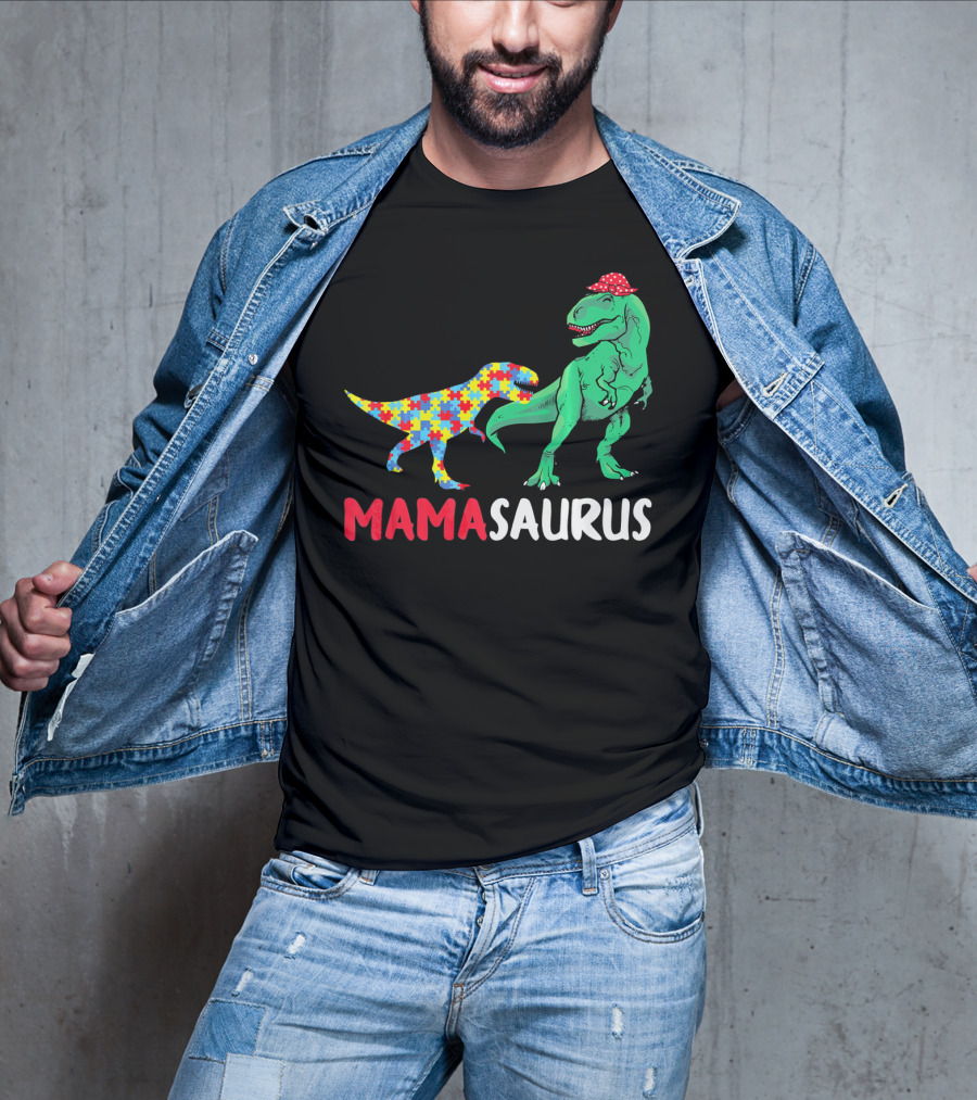 Mamasaurus Mama Dinosaur Puzzle Pattern Autism Awareness T-Shirt