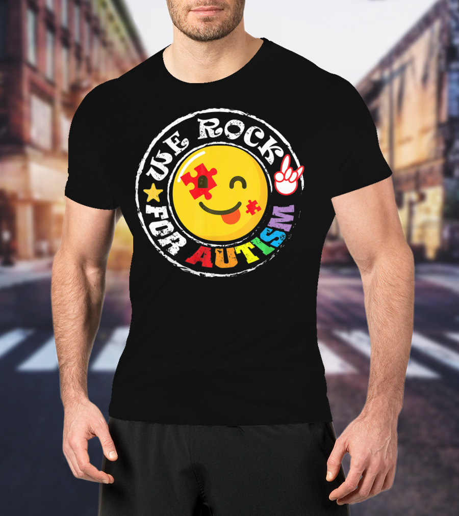 We Rock For Autism Puzzle Face Emoji With Hand Sign T-Shirt