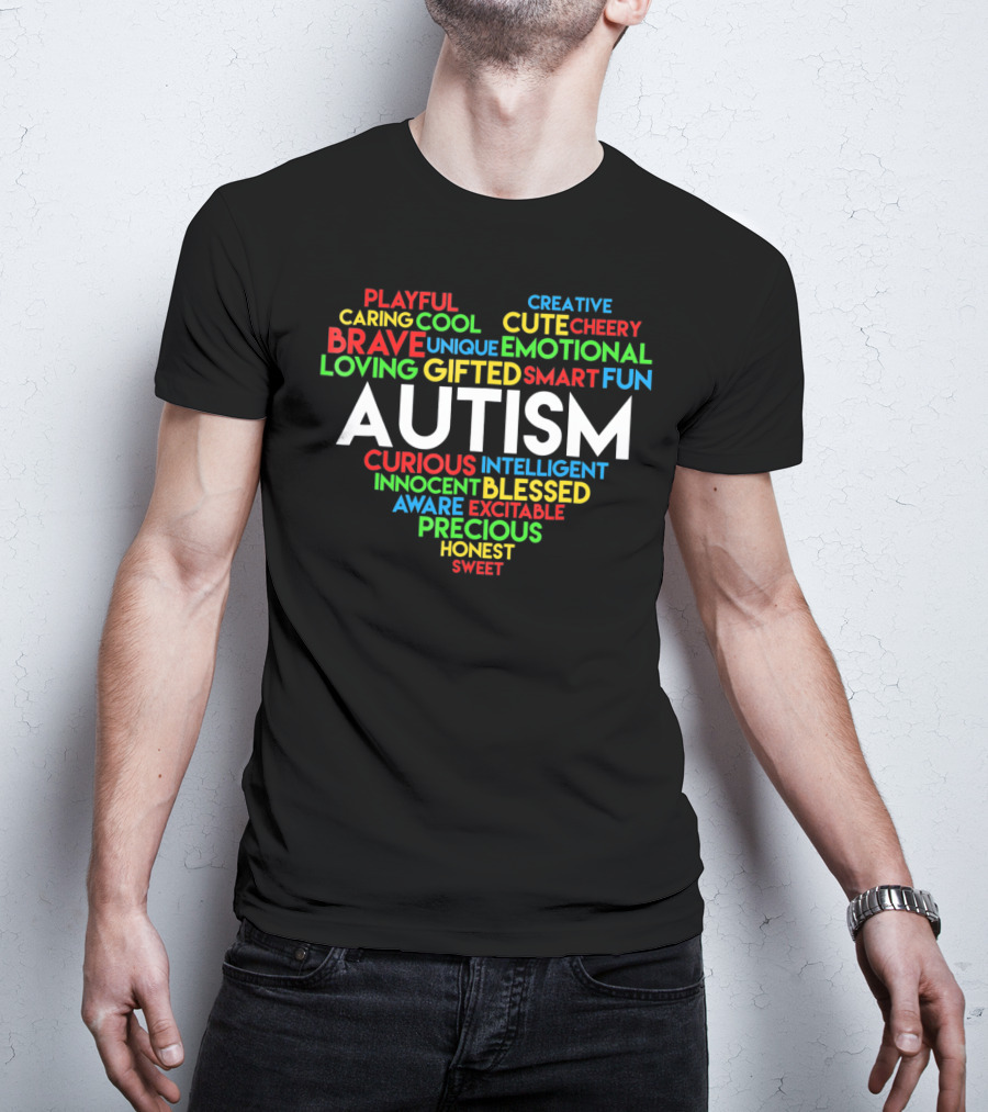 Autism Awareness Word Cloud Heart With Positive Qualities T-Shirt