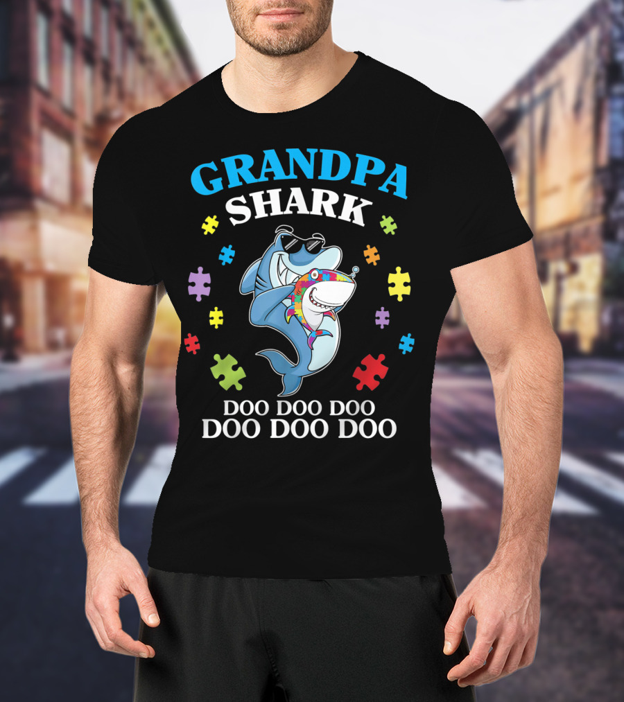 Grandpa Shark Doo Doo Doo Doo Funny Autism Puzzle Pieces T-Shirt