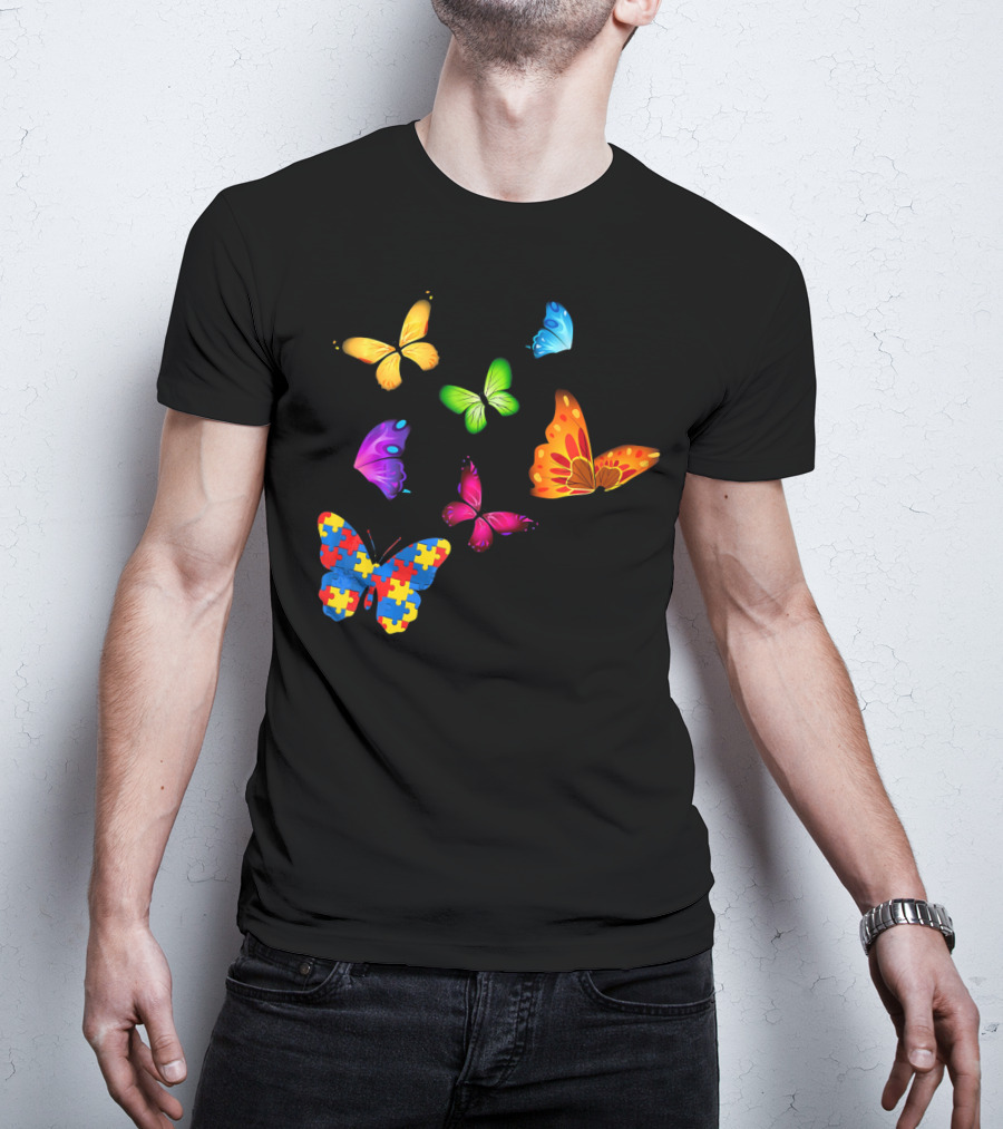 Autism Awareness Butterfly With Multicolored Puzzle T-Shirt