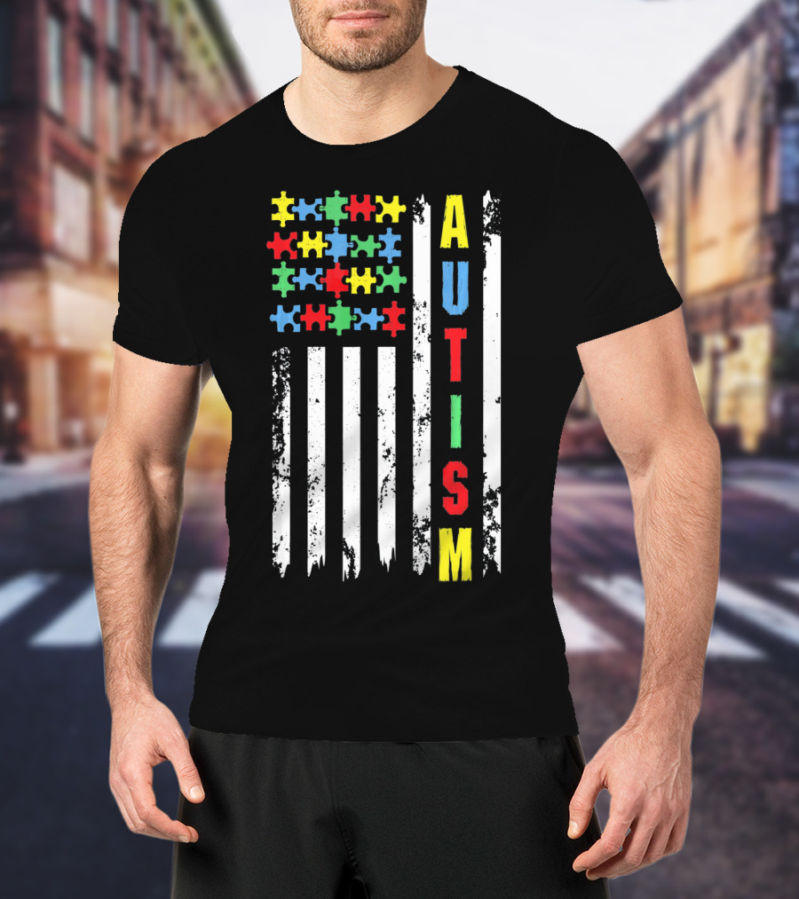 Autism Puzzle Piece Flag Fourth Of July Awareness T-Shirt