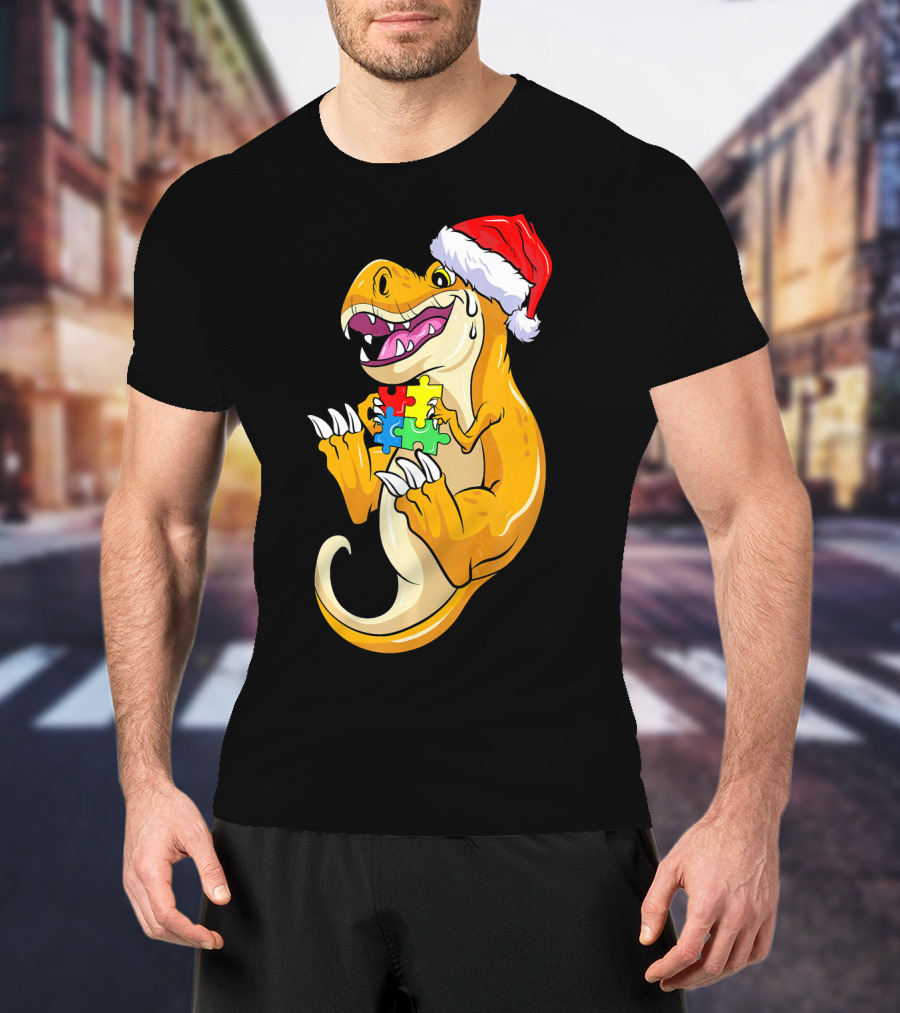 Christmas Autism Awareness Dinosaur Santa Hat Puzzle Pieces T-Shirt